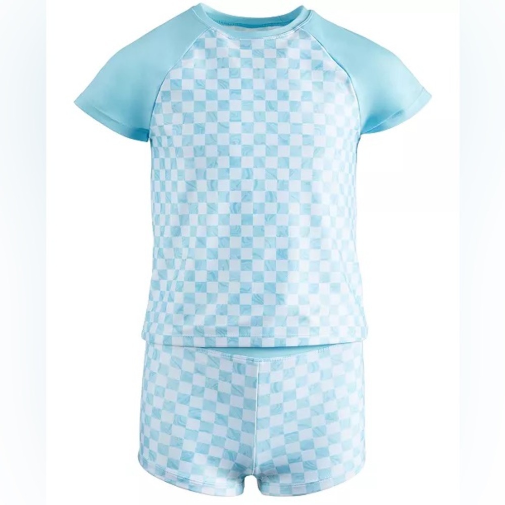 IDEOLOGY Big Girls 2-Pc Checkered Rash Guard & Swim Shorts Set | NEW/NWT!!🩵💙
